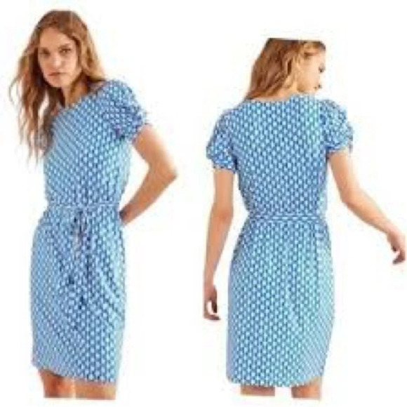 Boden Knot Detail Jersey Knit Geo Print Dress in Azure Blue & White - NWOT - 14R - Picture 1 of 8